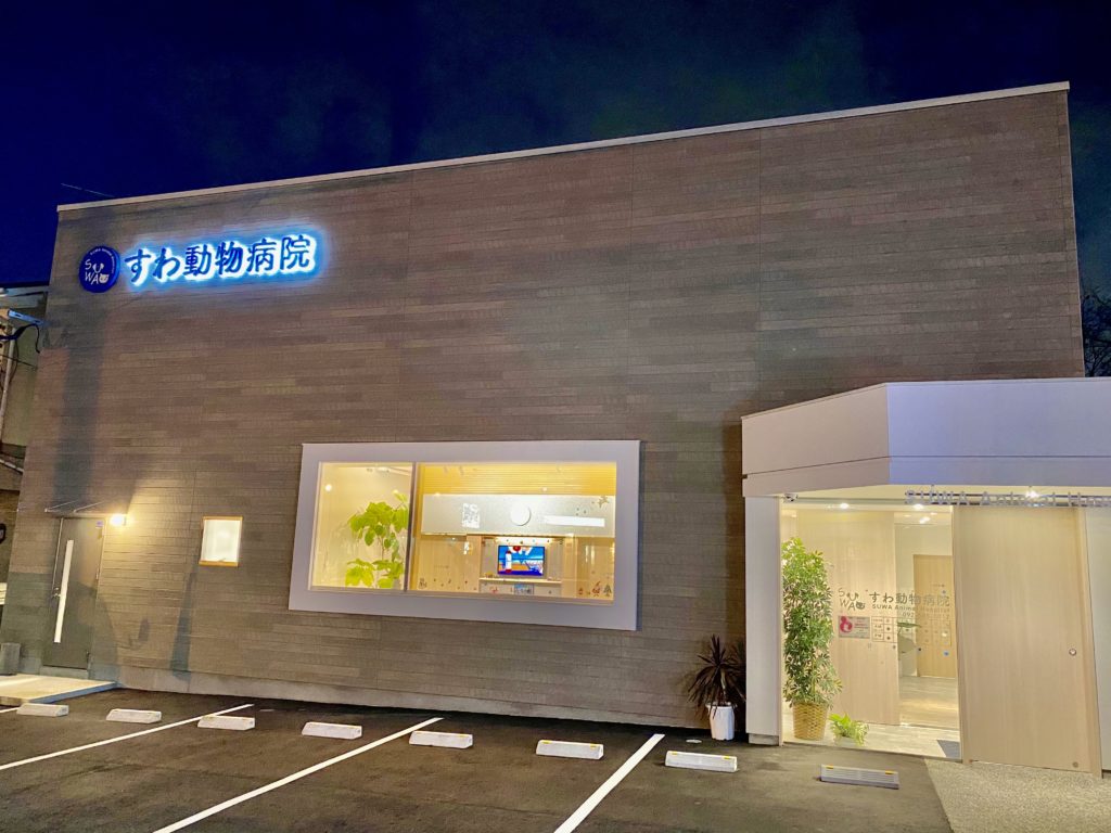 すわ動物病院の夜の外観