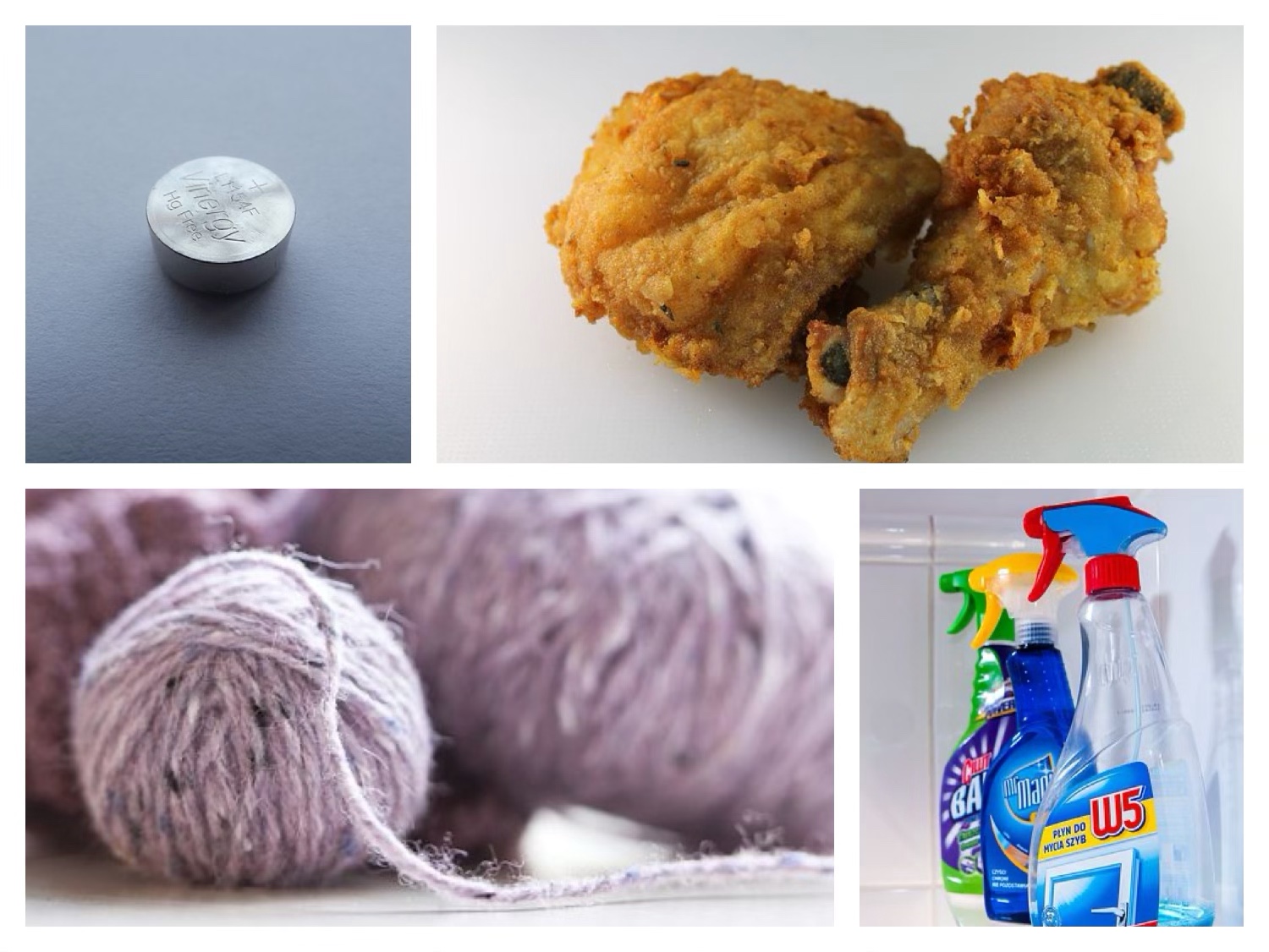 鳥の骨や竹串などの尖ったもの、洗剤などの強酸、強アルカリの物質、ボタン電池、リボンや毛糸などの紐状物質